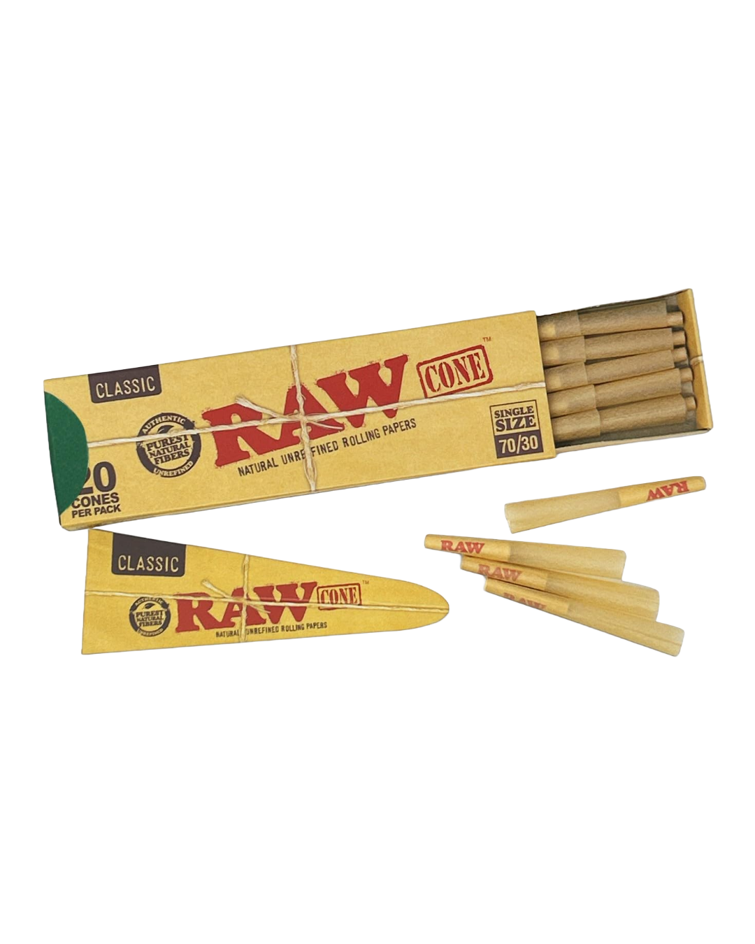 RAW 20ct Single Size 70/30 Cones made from unbleached hemp fibers, offering a pure, additive-free smoking experience with convenient pre-rolled design.