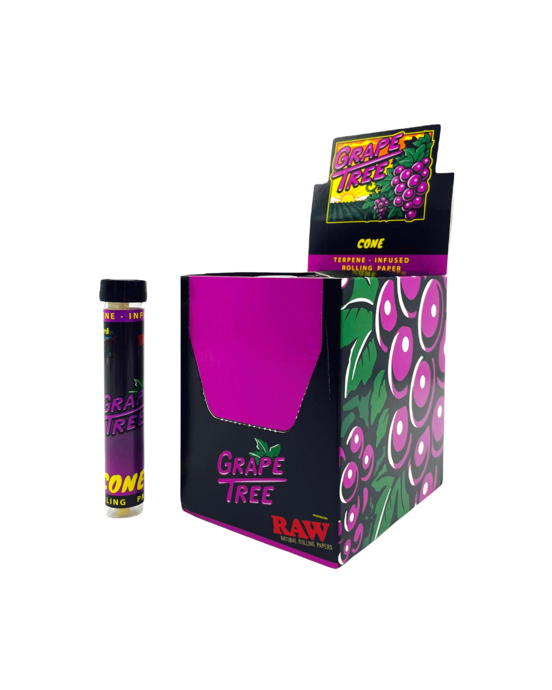 RAW Grape Tree Terpene-Infused Cones – Unbleached paper cones infused with grape terpenes for a natural, smooth, and flavorful smoking experience.