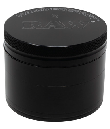 RAW x Hammercraft 4 Piece 2.5" Grinder featuring durable aircraft-grade aluminum construction for precision grinding.