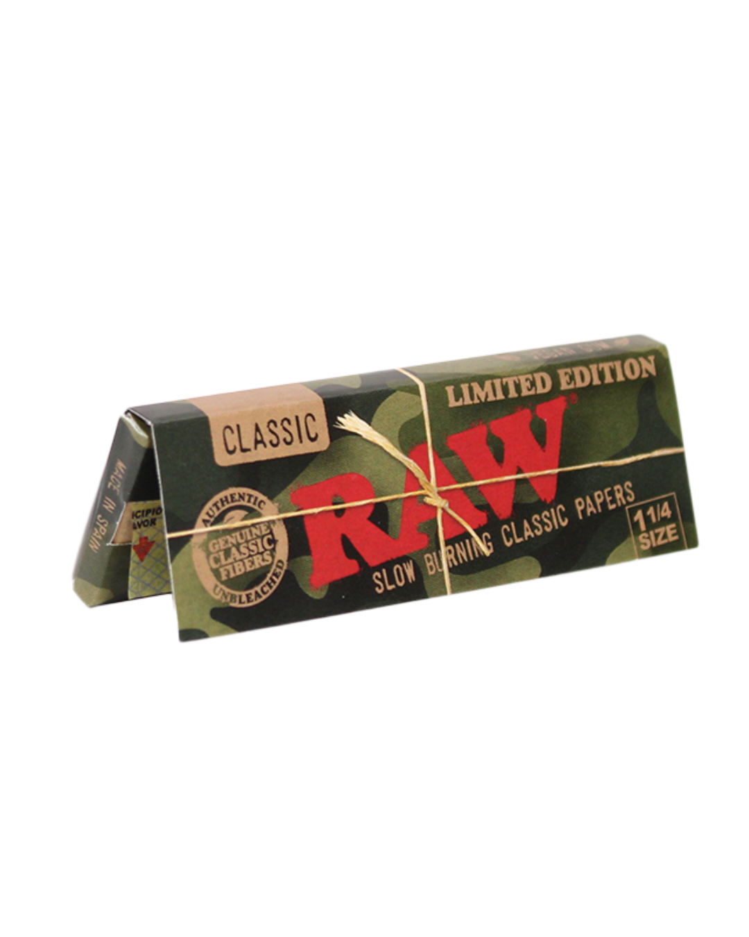 RAW Limited Edition Camo 1¼ Rolling Papers made from unrefined, eco-friendly fibers for a smooth and natural burn.