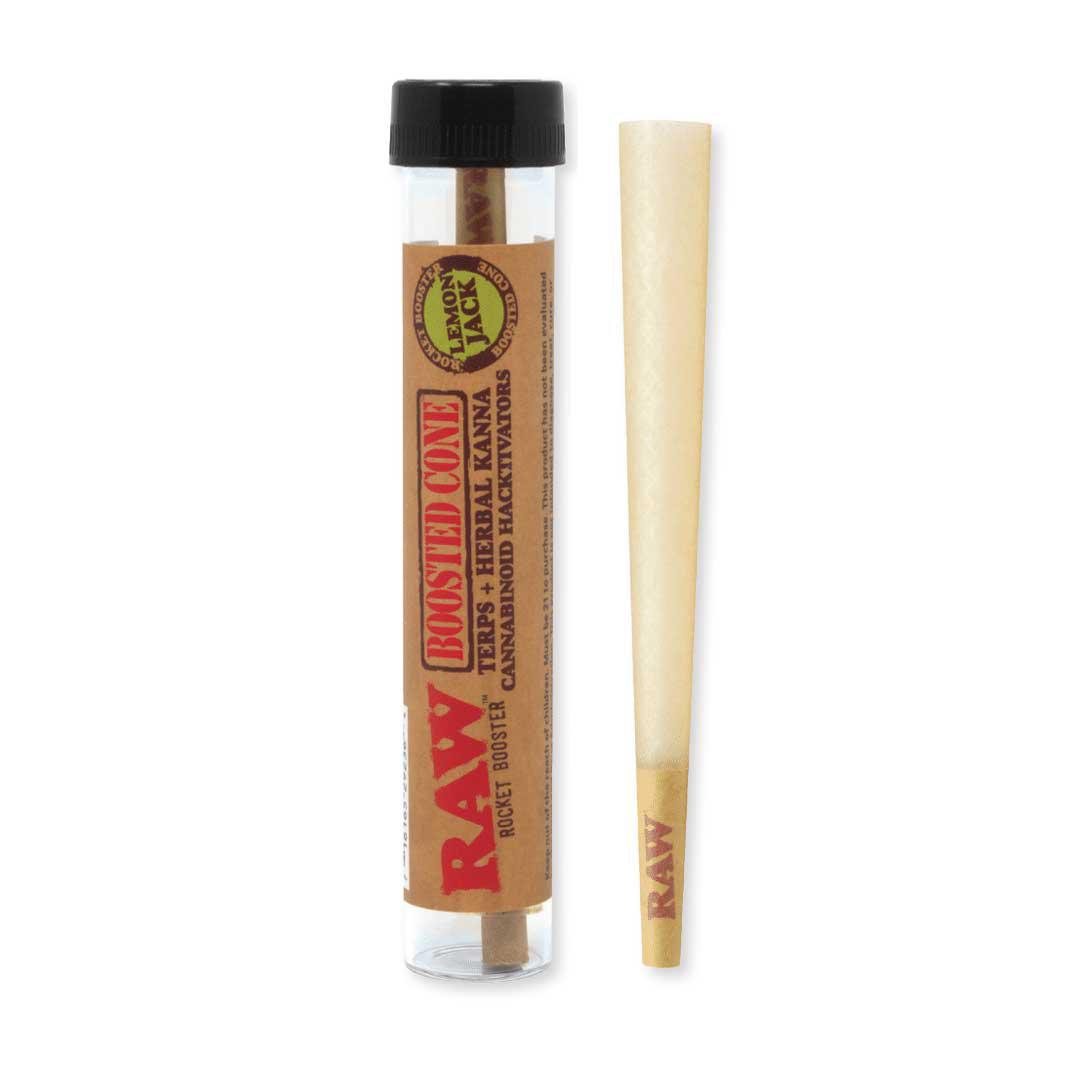  RAW Rocket Booster Lemon Jack Cones infused with organic terpenes, offering a bold citrusy flavor, fresh aroma, and a smooth, slow burn for an enhanced smoking experience.