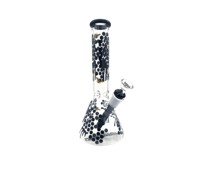 Ruckus Glass 10" Bee-Beaker, made from durable borosilicate glass for optimal vapor filtration and unique design.