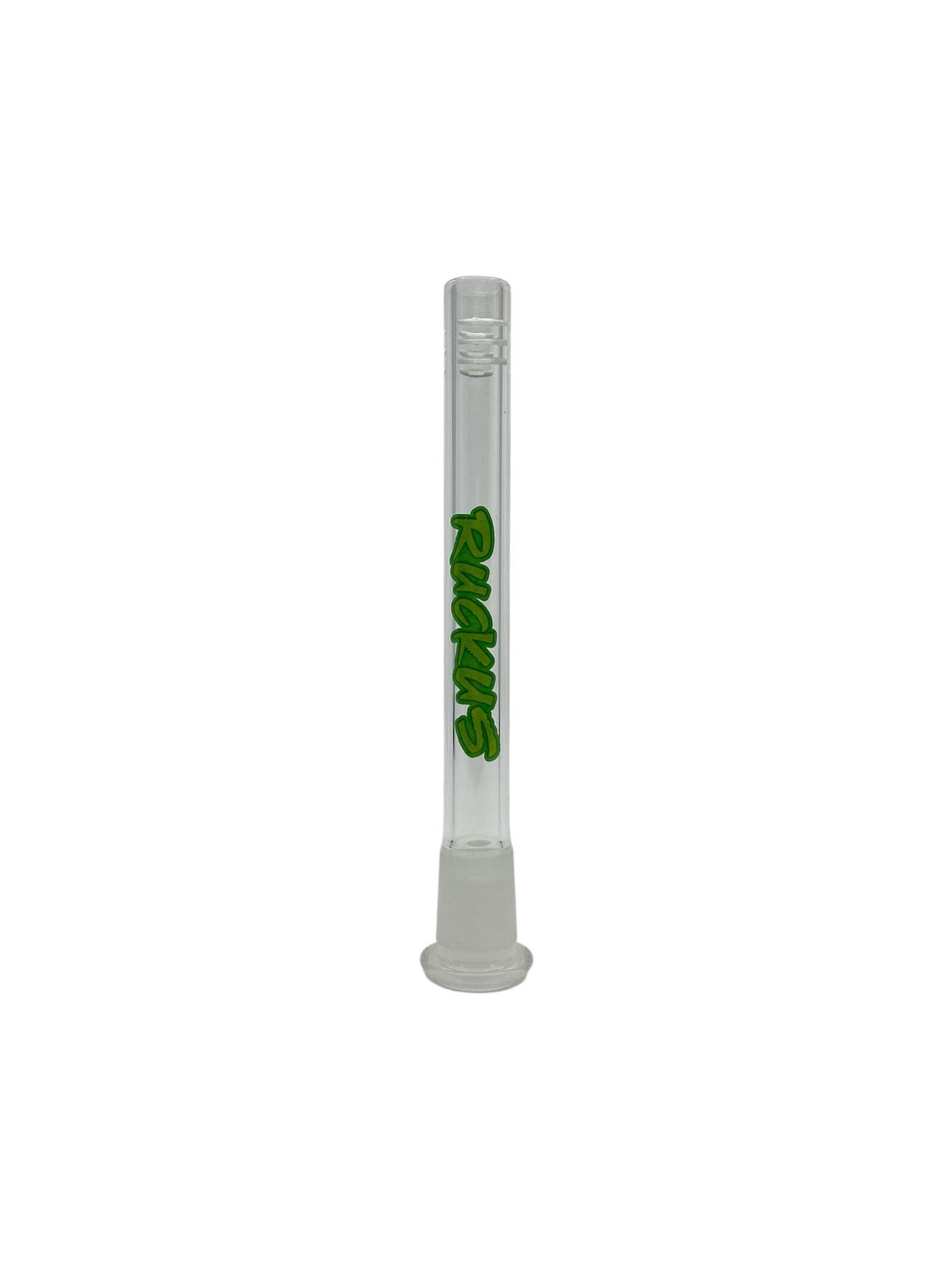  Close-up of the Ruckus Glass 5" Downstem, highlighting its high-quality craftsmanship and airflow slits.