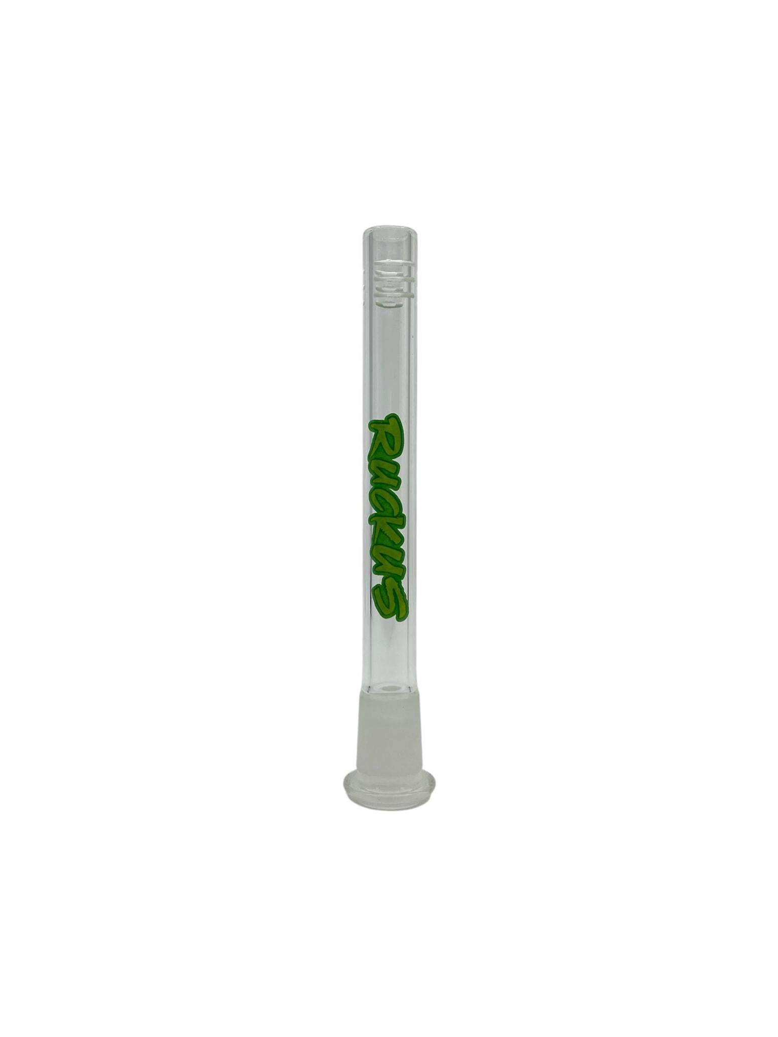  Close-up of the Ruckus Glass 5" Downstem, highlighting its high-quality craftsmanship and airflow slits.