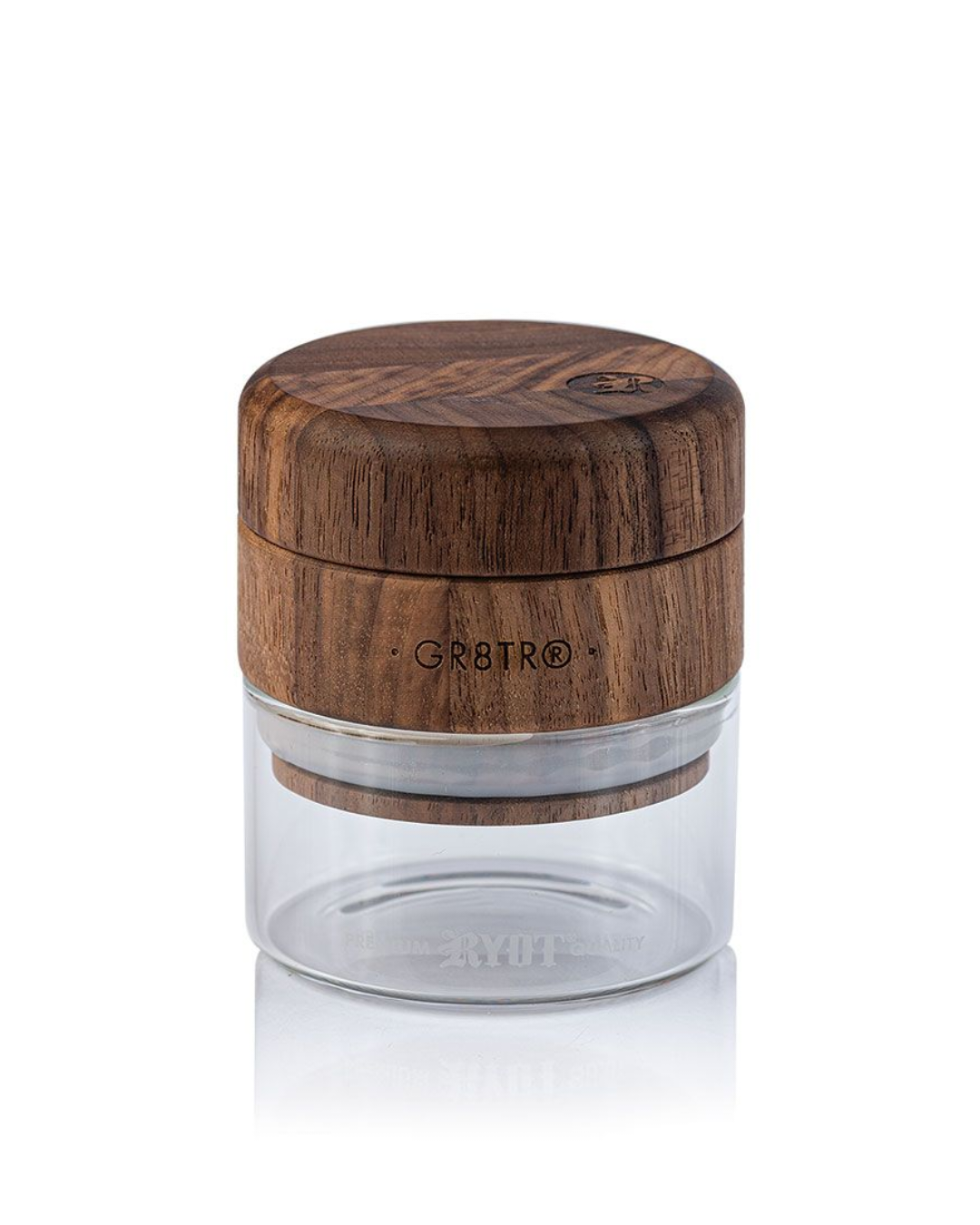 Close-up of the RYOT GR8TR Solid Wood Grinder, highlighting its precision grinding teeth and smooth wood finish for a premium herb grinding experience.