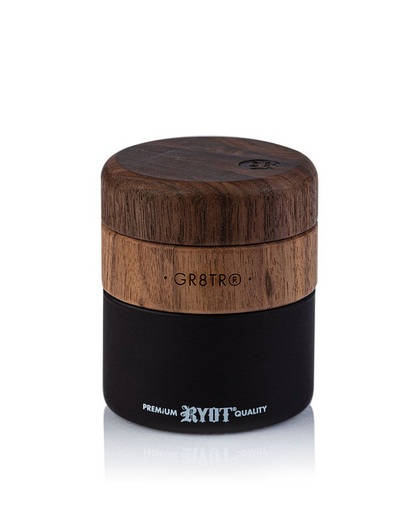 Side view of the RYOT GR8TR Solid Wood Grinder, showcasing its high-quality wooden construction and built-in storage compartment for convenience.