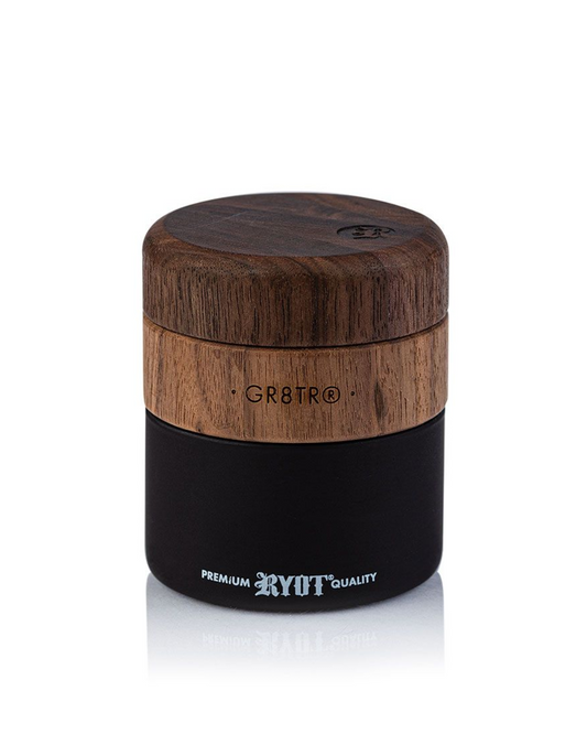 Side view of the RYOT GR8TR Solid Wood Grinder, showcasing its high-quality wooden construction and built-in storage compartment for convenience.