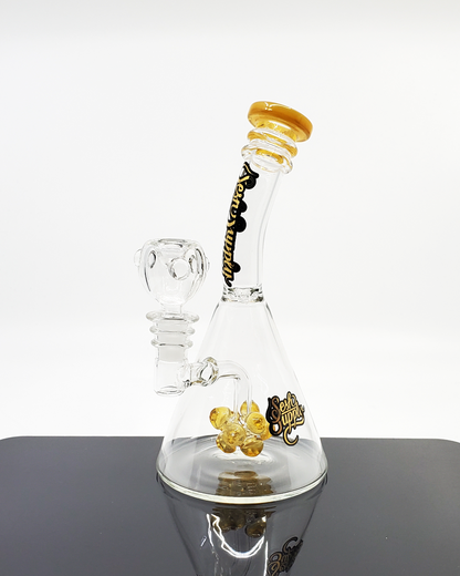 Side view of the Sesh Supply Cone Beaker highlighting its 7.75” frame, 18-hole perc, and 14mm joint for enhanced filtration and smooth smoking experience.