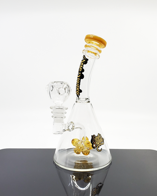 Side view of the Sesh Supply Cone Beaker highlighting its 7.75” frame, 18-hole perc, and 14mm joint for enhanced filtration and smooth smoking experience.