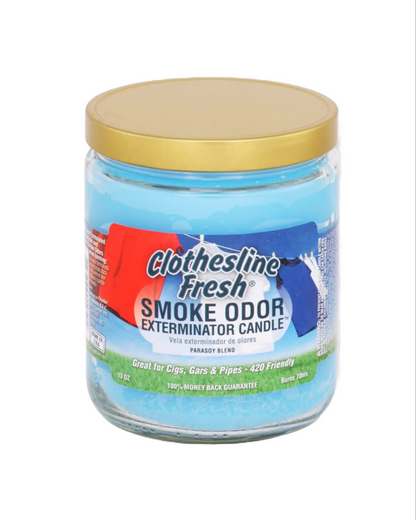 Smoke Odor Exterminator Candle packaging, highlighting the sleek design and variety of available fragrances.