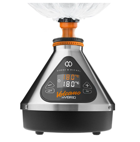Storz & Bickel Volcano Hybrid Vaporizer, featuring a digital touch display with precise temperature control and a 1-2 minute heating process.