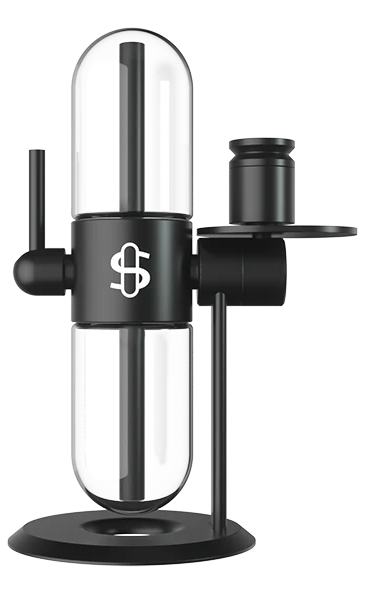 Front view of the Stündenglass Gravity Infuser in black, featuring a sleek anodized aluminum finish and borosilicate glass globes.
