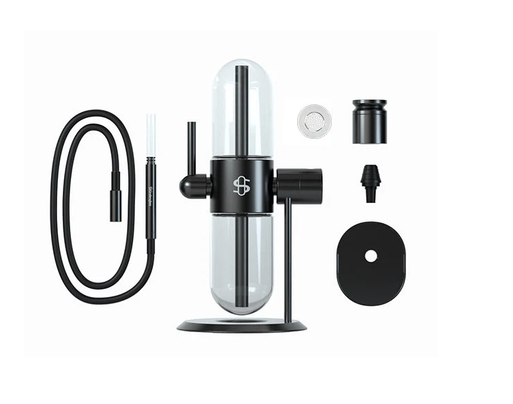 Full setup of the Stündenglass Gravity Infuser in black, including the bowl kit, glass liner, and silicone hose for versatile use.