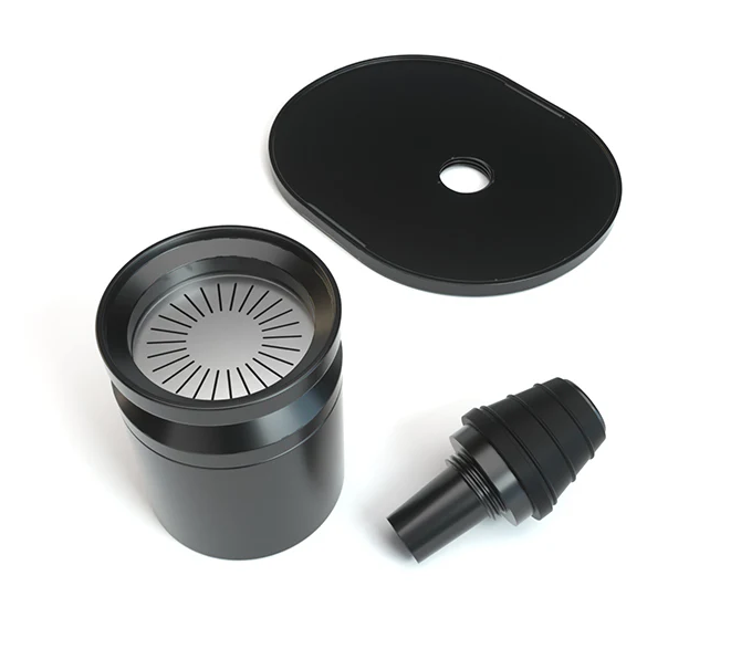 Side angle of the Stündenglass Gravity Infuser in black, showcasing its 360° rotating glass infuser design.