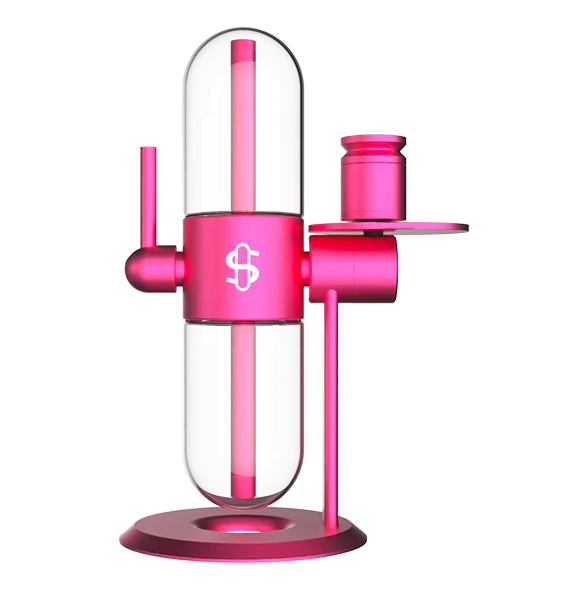 Front view of the Stündenglass Gravity Infuser in pink, featuring a sleek anodized aluminum finish with borosilicate glass globes.

