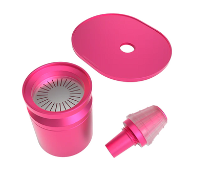 Close-up of the built-in percolation system in the pink Stündenglass Gravity Infuser, delivering water-filtered, cooled smoke.