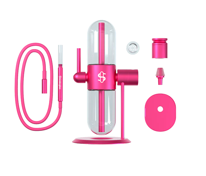  Side angle of the pink Stündenglass Gravity Infuser showcasing its 360° rotating design and modern aesthetic.