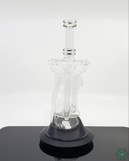Demonstrating the Swiss Recycler attachment on a Puffco, enhancing the vapor cooling and filtration process.