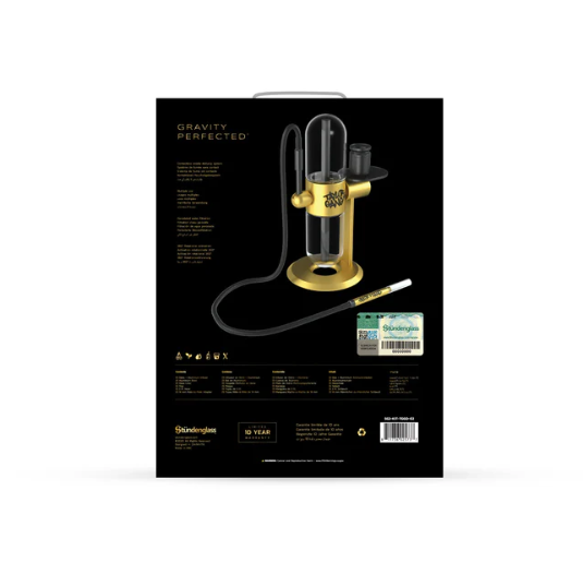 Close-up of the Taylor Gang logo on the black and gold Stündenglass Gravity Infuser, emphasizing the exclusive collaboration with Wiz Khalifa.