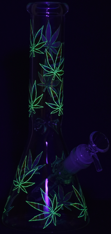 Turn On Your Hemp Lights Glow Glass Beaker Water Pipe – 9.75-inch pipe with 3-pinch ice catcher, slitted diffuser downstem, and 14mm male herb slide with handle.