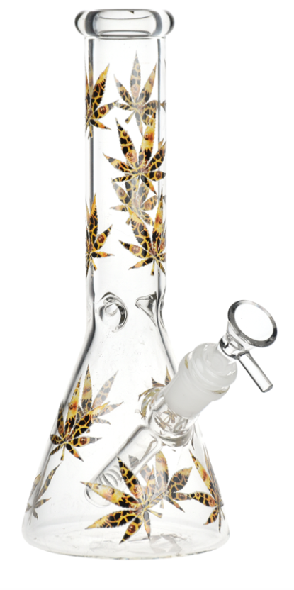 Turn On Your Hemp Lights Glow Glass Beaker Water Pipe – 9.75-inch glass pipe with glowing hemp leaf decals and 3-pinch ice catcher for cool and smooth hits.