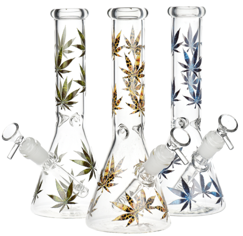 Turn On Your Hemp Lights Glow Glass Beaker Water Pipe – 9.75-inch beaker-style water pipe featuring hemp leaf decals and glow in the dark accents for a vibrant design.
