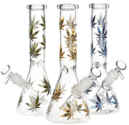 Turn On Your Hemp Lights Glow Glass Beaker Water Pipe – 9.75-inch beaker-style water pipe featuring hemp leaf decals and glow in the dark accents for a vibrant design.