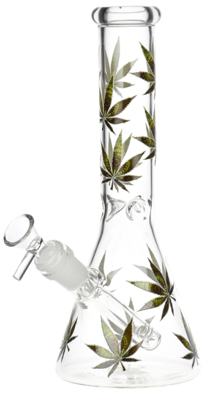 Turn On Your Hemp Lights Glow Glass Beaker Water Pipe – 9.75-inch borosilicate pipe with diffuser downstem and glow in the dark hemp leaf decal design for smooth smoke filtration.