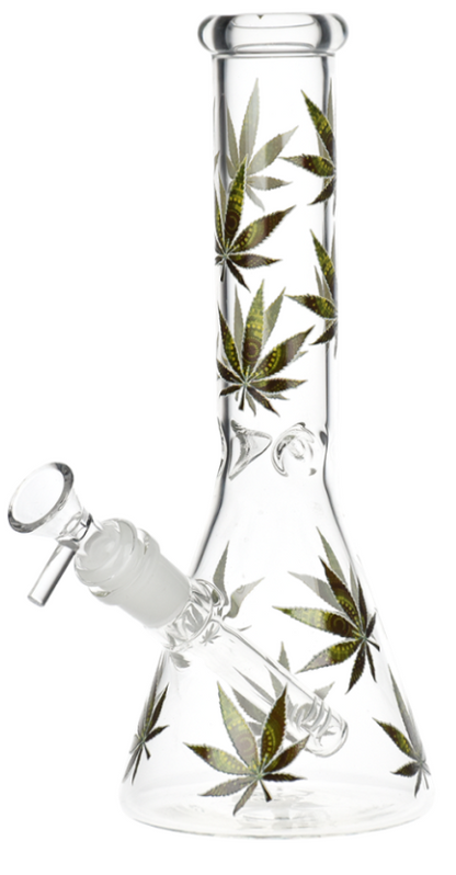 Turn On Your Hemp Lights Glow Glass Beaker Water Pipe – 9.75-inch borosilicate pipe with diffuser downstem and glow in the dark hemp leaf decal design for smooth smoke filtration.