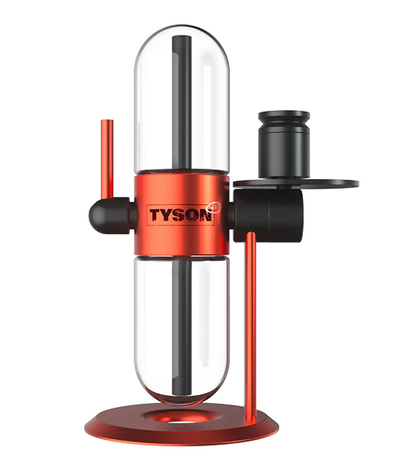 Front view of the Tyson 2.0 x Stündenglass Gravity Infuser in red and black, featuring a sleek, bold design with borosilicate glass globes.