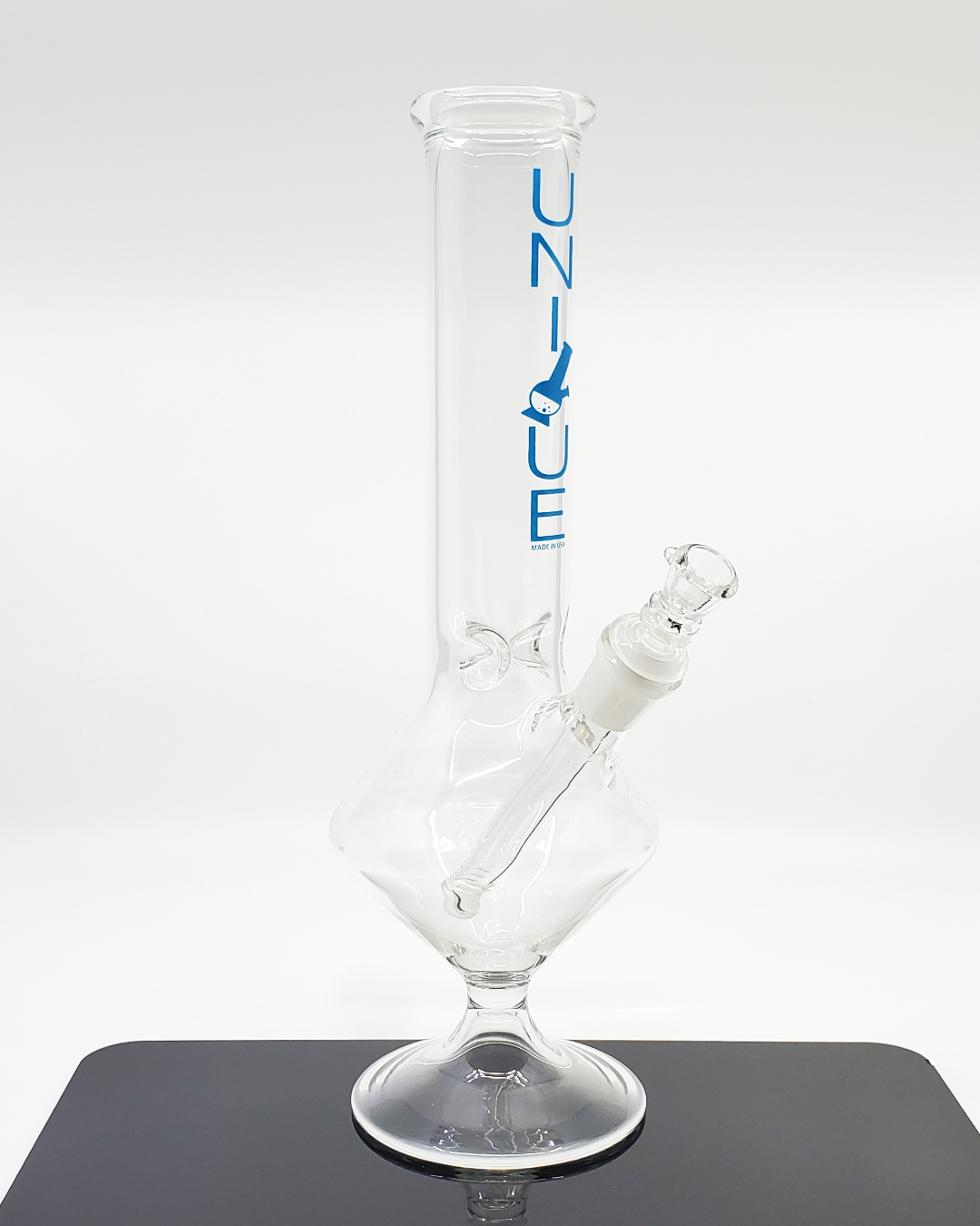 12” Flask Beaker from Unique Glass, designed for smooth hits with a durable build and stylish flask-inspired shape.