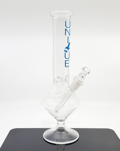 12” Flask Beaker from Unique Glass, designed for smooth hits with a durable build and stylish flask-inspired shape.