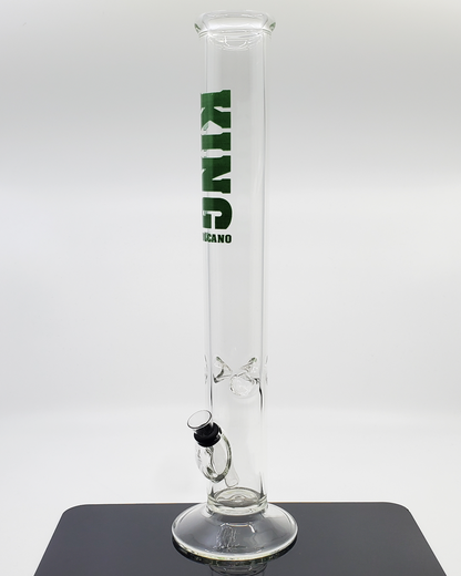  Side view of the Urban Glass Green Logo Straight Tube, showcasing its 15.25" height, built-in ice catcher, and sleek design for a cool, enjoyable smoking experience.