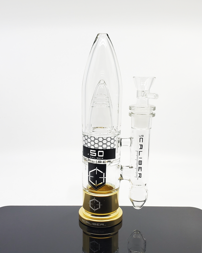  US Caliber .50 Cal Straight Tube, a 12-inch heavy-duty military-grade glass bong inspired by military designs, crafted from thick, durable glass, delivering reliable, powerful hits, featuring a 14mm female joint and ice catcher.