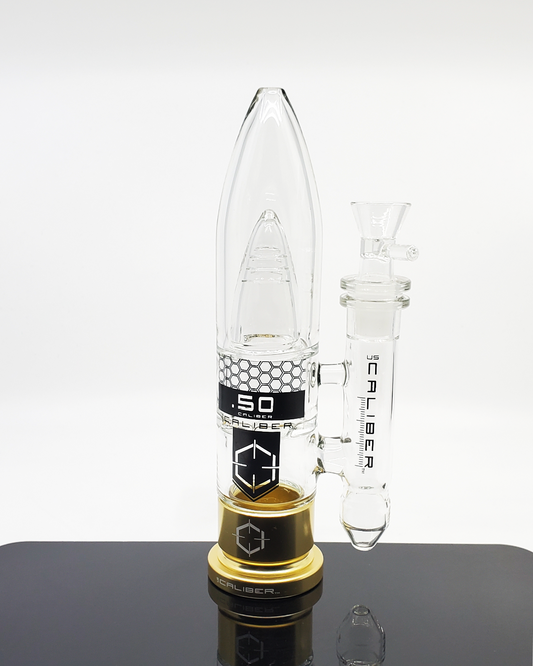 US Caliber .50 Cal Straight Tube, a 12-inch heavy-duty military-grade glass bong inspired by military designs, crafted from thick, durable glass, delivering reliable, powerful hits, featuring a 14mm female joint and ice catcher.