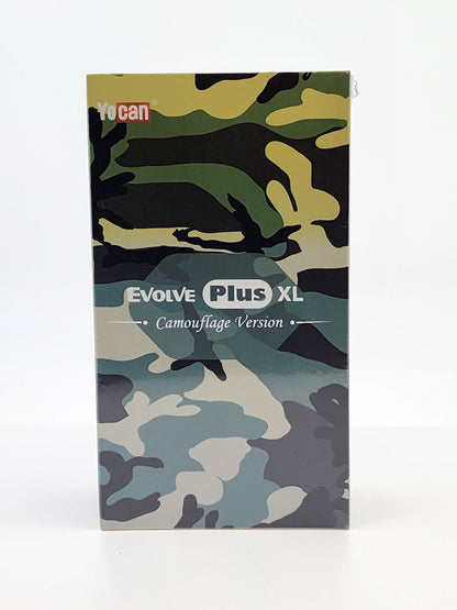Yocan Evolve Plus XL packaging, featuring the complete kit including the atomizer, charging cable, and wax jar.