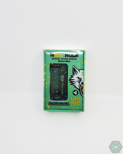 Close-up of the Yocan x Wulf X Ray Uni Pro OLED display, showing voltage settings and battery life.