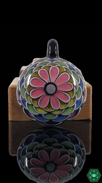 6-Row Rainbow Pendant by RL Dots: This pendant features intricate color work and layering in a radiant display of rainbow hues, making it a perfect accessory for those who appreciate detailed glass artistry and unique layered designs.