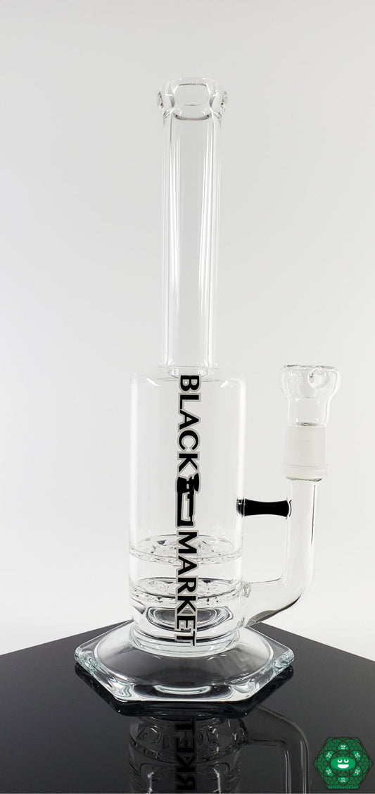 Black Market Glass - Small Can Double Disc Rig. 11.25 inches, clear glass rig with a double disc percolator for enhanced filtration. Features a 18MM male joint and matching slider.