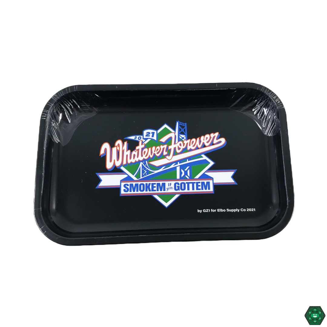 A detailed close-up of a stylish, black rolling tray showcasing the Elbo Supply Co. logo in a clean, modern font. The photograph highlights the tray's compact design, ideal for portability and discreet use. The matte black finish reflects a sense of refinement and durability, emphasizing its ability to withstand daily wear and tear.