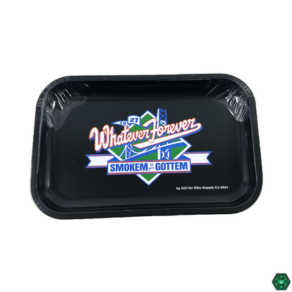 A detailed close-up of a stylish, black rolling tray showcasing the Elbo Supply Co. logo in a clean, modern font. The photograph highlights the tray's compact design, ideal for portability and discreet use. The matte black finish reflects a sense of refinement and durability, emphasizing its ability to withstand daily wear and tear.