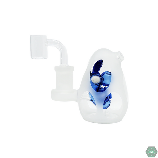 Encore Glass 3” Baby Dinosaur Egg Rig - Compact Sandblasted Design with 4-Hole Perc and 14mm Quartz Bucket.