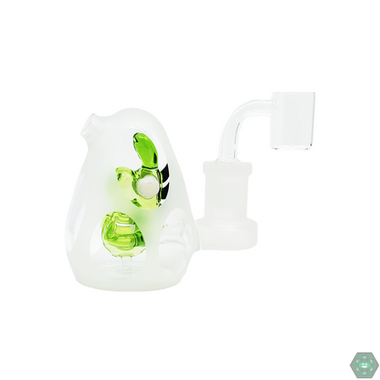 Encore Glass 3” Baby Dinosaur Egg Rig - Featuring a 4-Hole Perc, Sandblasted Finish, and 14mm Quartz Bucket for Smooth Hits.