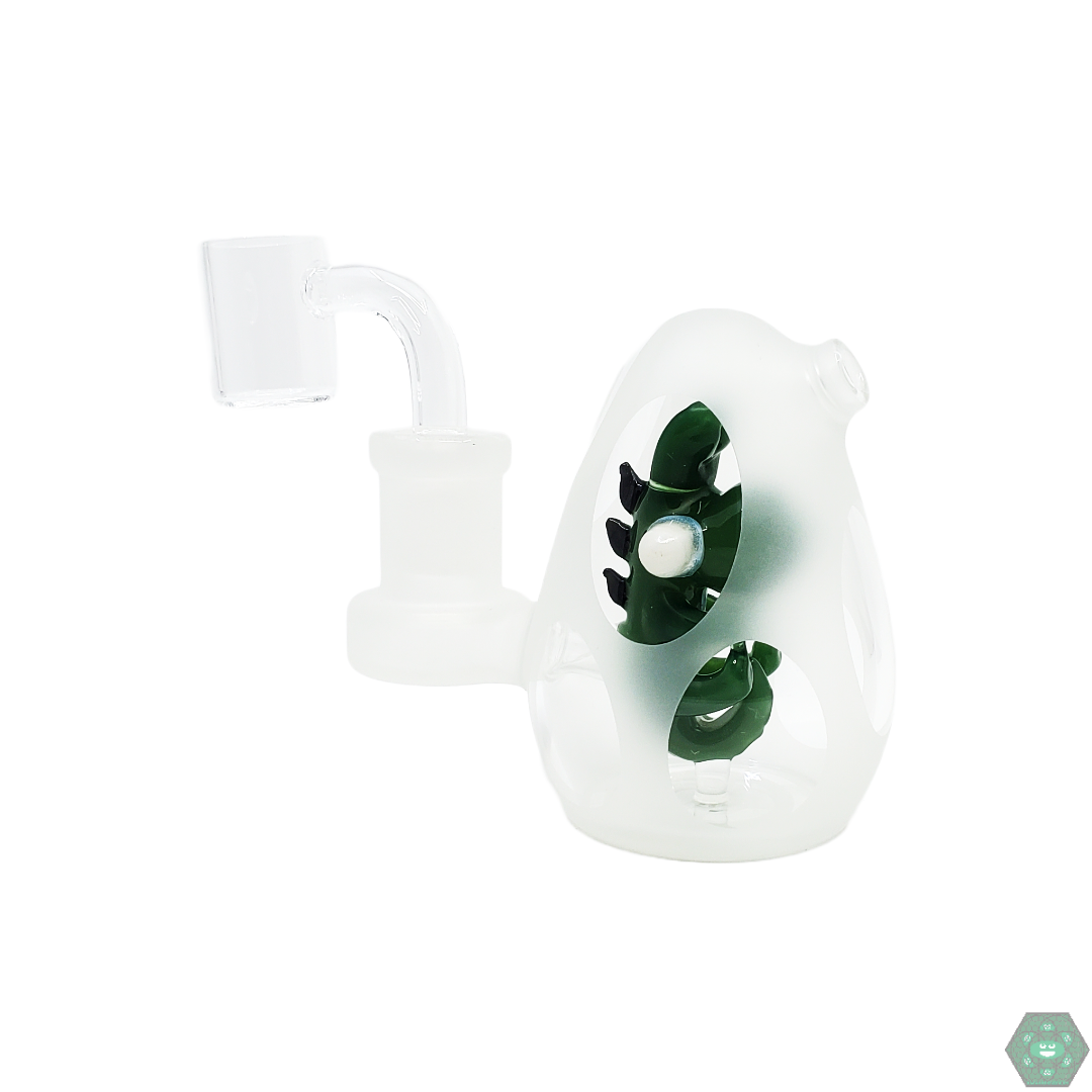 Encore Glass 3” Baby Dinosaur Egg Rig - Compact Design with a 4-Hole Perc, Sandblasted Finish, and 14mm Quartz Bucket for Smooth Hits.