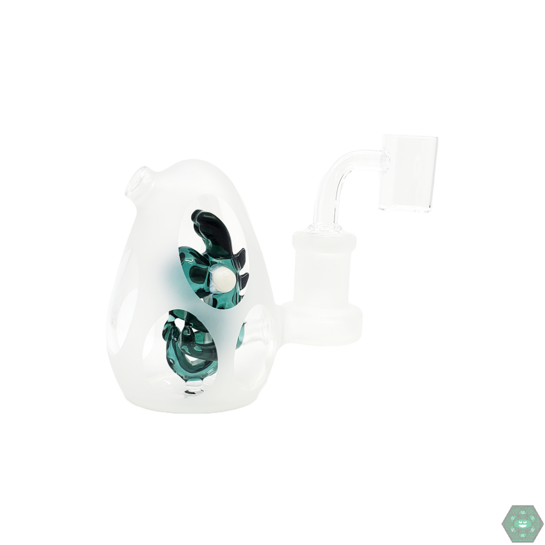 Encore Glass 3” Baby Dinosaur Egg Rig - Ideal for Collectors or Portable Use with a 4-Hole Perc, Sandblasted Finish, and 14mm Quartz Bucket.