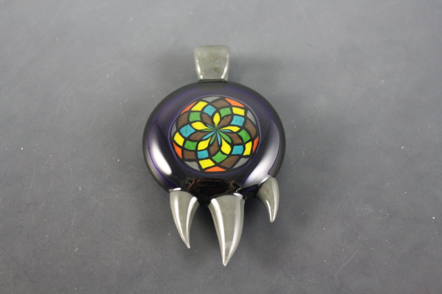 Filla Pendant - Bearclaw #4. A handcrafted glass pendant, signed, dated, and numbered, ideal for art glass collectors.