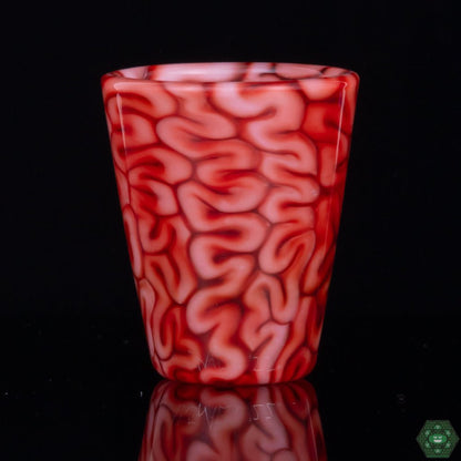  Red Brain Tech Shot Glass by Algae Glass, a unique, handcrafted piece of glassware featuring intricate, organic brain designs in a striking red, crafted for both function and visual appeal, perfect for collectors or as a one-of-a-kind gift.
