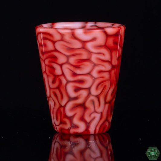  Red Brain Tech Shot Glass by Algae Glass, a unique, handcrafted piece of glassware featuring intricate, organic brain designs in a striking red, crafted for both function and visual appeal, perfect for collectors or as a one-of-a-kind gift.