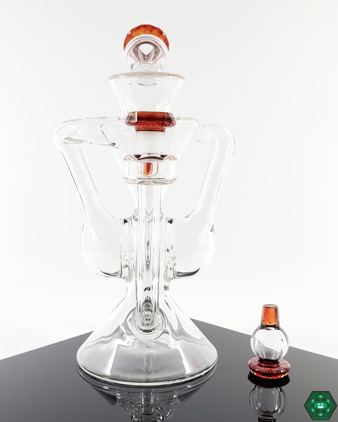 Brick Glass Clear Klein Recycler #1 with ruby slipper accents, featuring a 12-hole perc for smooth hits