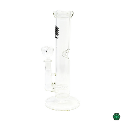 Close-up of Bubsy Glass 9” Straight Tube, showcasing its 4-hole inline perc and ice catcher for a smoother, cooler dabbing experience.